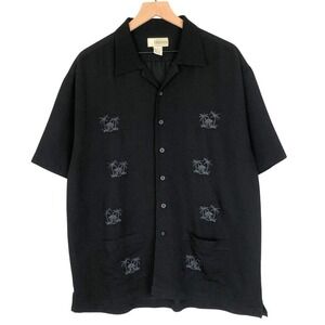 Cubavera Men's L Black Palm Tree Embroidered Button Up‎ Short Sleeve Shirt EUC